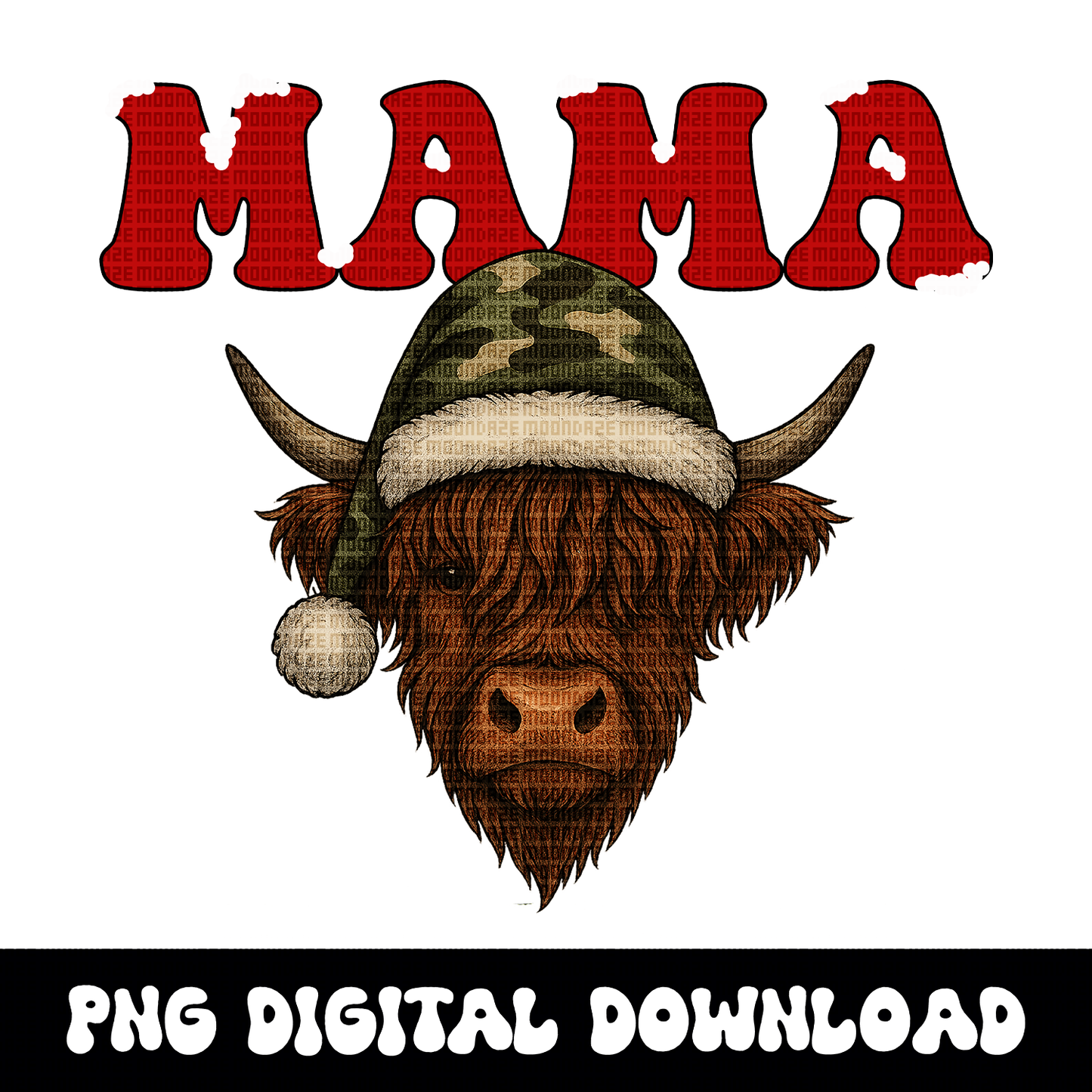 MAMA Christmas Highland Cow PNG | Camo Christmas Mama retro Font | Western Christmas Mom Life PNG | Cow Sublimation Design