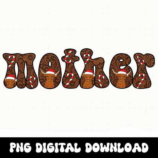 Mother Christmas PNG | Tooled Leather Candy Cane Letters | Western Christmas Mom PNG | Yallternative Rtero Holiday Graphic | Sublimation