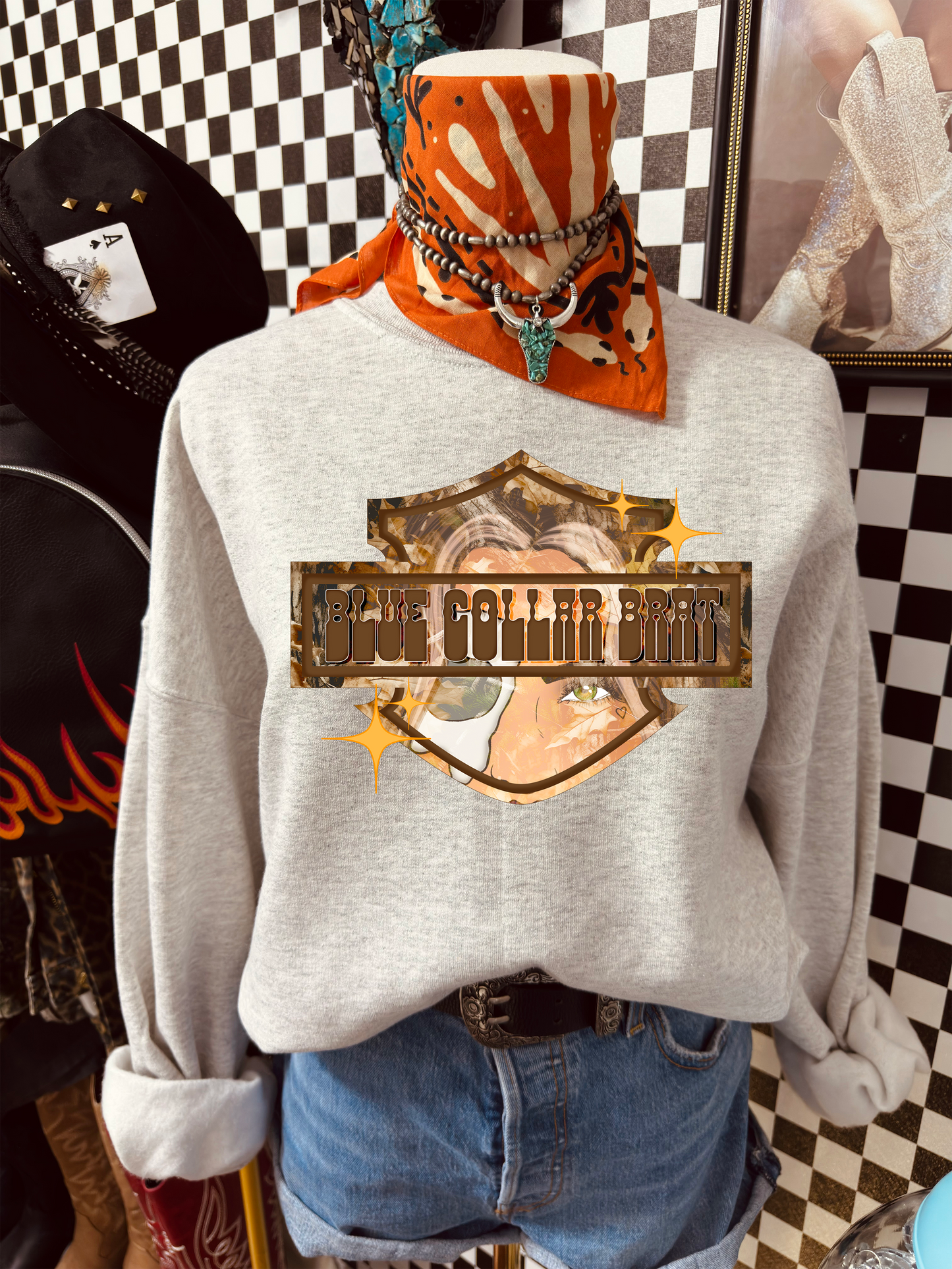 Crewneck Sweatshirt — Vintage Motorcycle "Blue Collar Brat" Graphic Tee